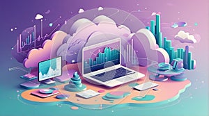 Isometric Flat-Plus Vector of Cloud Analytics Dashboard with Devices photo