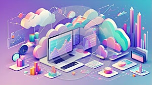 Isometric Flat-Plus Vector of Cloud Analytics Dashboard with Devices photo