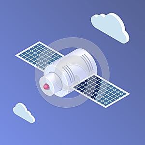 Isometric flat Satellite icon. Spacecraft or apparatus to maintain communication and communications. Can use for web