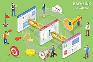 Isometric flat vector concept of backlink strategy, SEO link building.