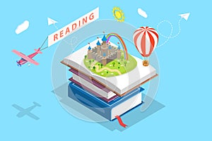 Isometric flat vector concept of child reading, imagination.