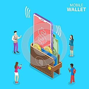 Isometric flat vector concept of digital mobile wallet, online banking.
