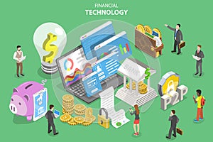 Isometric flat vector concept of fintech, financial technology, online banking.