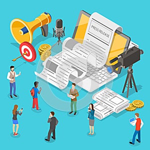 Isometric flat vector concept of internet press release, news article service.