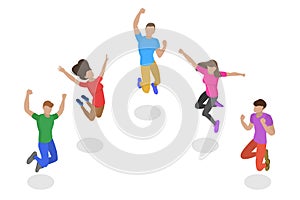 Isometric flat vector concept of jumping happy people, team success.
