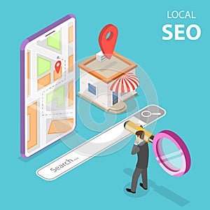 Isometric flat vector concept of local seo, serching store.