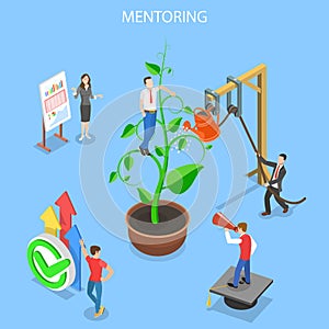 Isometric flat vector concept of mentoring, guide to reach a goal.