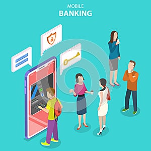 Isometric flat vector concept of mobile banking, protected money transaction.