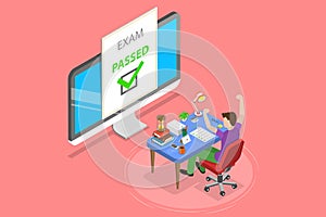Isometric flat vector concept of passed online exam, questionnaire form.