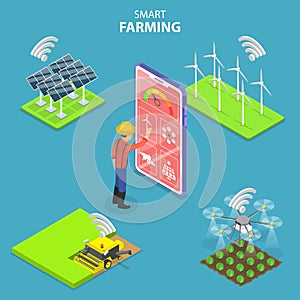 Isometric flat vector concept of smart farming, agricultural automation.