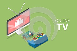 Isometric flat vector concept of smart TV, home entertainment, movie online.