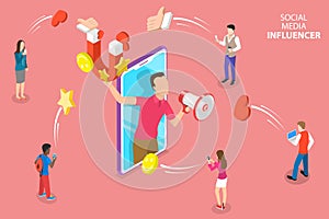 Isometric flat vector concept of social media influencer, digital marketing. photo