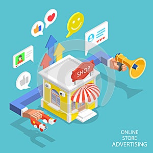 Isometric flat vector concept of store advertiesment campaign, digital marketing