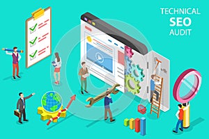 Isometric flat vector concept of technical SEO audit, search engine strategy.