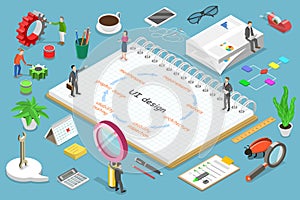 UI design process Isometric flat vector concept.