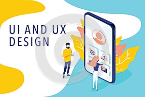 Isometric flat vector concept of UI and UX design process, mobile app development, GUI design. People testing interface