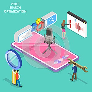 Isometric flat vector concept of voice search optimization, voice commands, SEO.