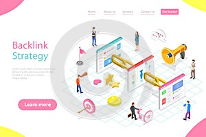 Isometric flat vector landing page template of backlink strategy, link building.