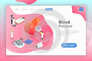 Isometric flat vector landing page template of blood pressure test.