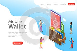 Isometric flat vector landing page template of digital mobile wallet.