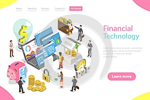 Isometric flat vector landing page template of fintech, financial technology.