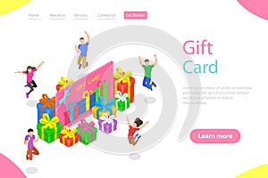 Isometric flat vector landing page template of gift card, loyalty program.