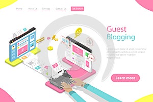 Isometric flat vector landing page template of guest blogging.