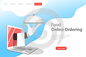 Isometric flat vector landing page template for online food ordering.