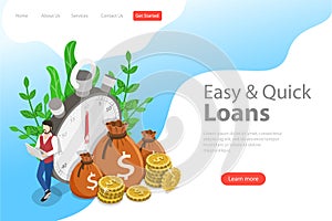 Isometric flat vector landing page template of quick loan, easy cash.