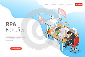 Isometric flat vector landing page template of RPA vs manual labor.