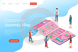 Isometric flat vector landing page template of serching customer journey map.