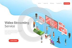 Isometric flat vector landing page template of smart TV, home entertainment.