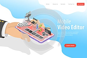 Isometric flat vector landing page template of video editing app.
