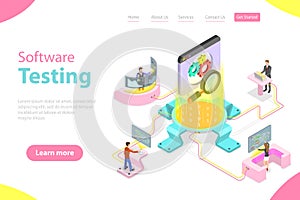 Isometric flat vector landing pate template of software quality assurance.