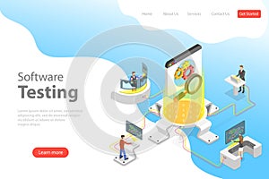Isometric flat vector landing pate template of software quality assurance.