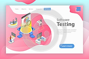 Isometric flat vector landing pate template of software quality assurance.