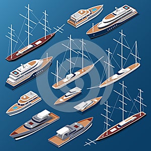 Isometric flat yachts and boats vector Marine