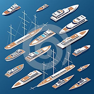 Isometric flat yachts and boats vector Marine