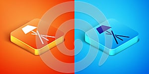 Isometric Floor lamp icon isolated on orange and blue background. Vector