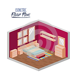 Isometric floor plan of bedroom double bed and furnitures in colorful silhouette