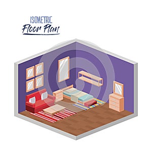 Isometric floor plan of bedroom single bed and couch in colorful silhouette