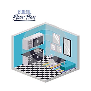 Isometric floor plan of home kitchen and dining with checkered floor in colorful silhouette