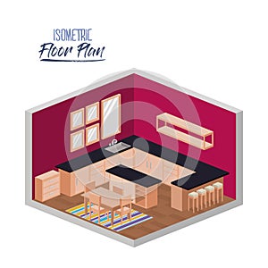 Isometric floor plan of kitchen with big worktop and dining room with carpet in colorful silhouette
