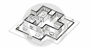 Isometric floor plan of a modern house. Features include multiple rooms arranged in