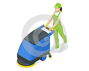 Isometric floor washing machine isolated on white background. Floor care and cleaning services. Woman worker cleaning