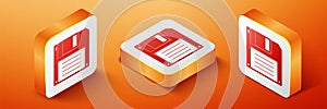 Isometric Floppy disk for computer data storage icon isolated on orange background. Diskette sign. Orange square button