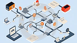 Isometric flowchart data network connection diagram business process workflow technology concept