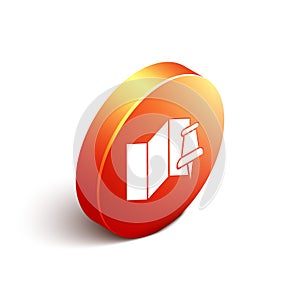 Isometric Folded map with push pin icon isolated on white background. Orange circle button. Vector Illustration