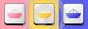 Isometric Folded paper boat icon isolated on pink, yellow and blue background. Origami paper ship. Square button. Vector
