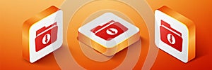 Isometric Folder download icon isolated on orange background. Orange square button. Vector